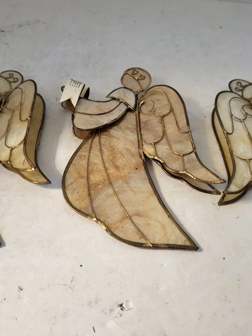 Vintage Capiz Shell Brass Angel Ornaments Set/3